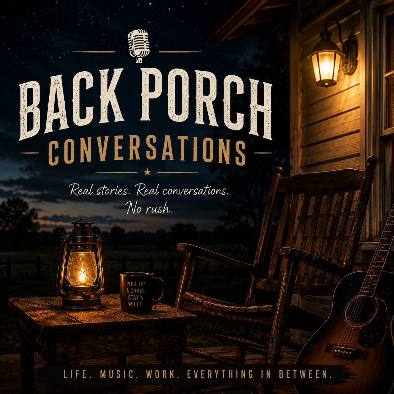 Book cover for 'Back Porch Conversations' featuring a rustic night scene with a porch light glowing, a lantern on a table, a mug, rocking chairs, and an acoustic guitar. Large white and gold title text appears over a dark night sky.