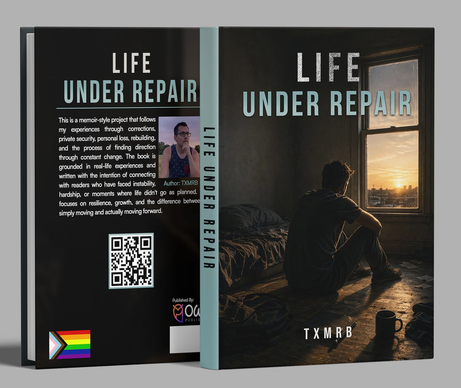 A 3D mockup of a book cover titled 'LIFE UNDER REPAIR' by TXMRB, showing both the front and back covers against a neutral gray background.