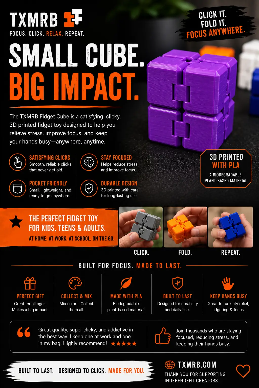 Infinity Fidget Cube Stress Relief Toy for Kids and Adults Durable Tactile Fidget Cube for Focus and Anxiety Relief by concept2creation