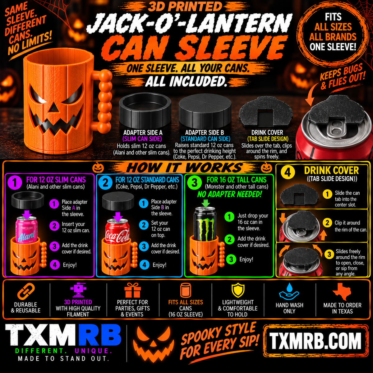 🎃 3D Printed Jack-O’-Lantern Can Sleeve Kit by Concept2Creation