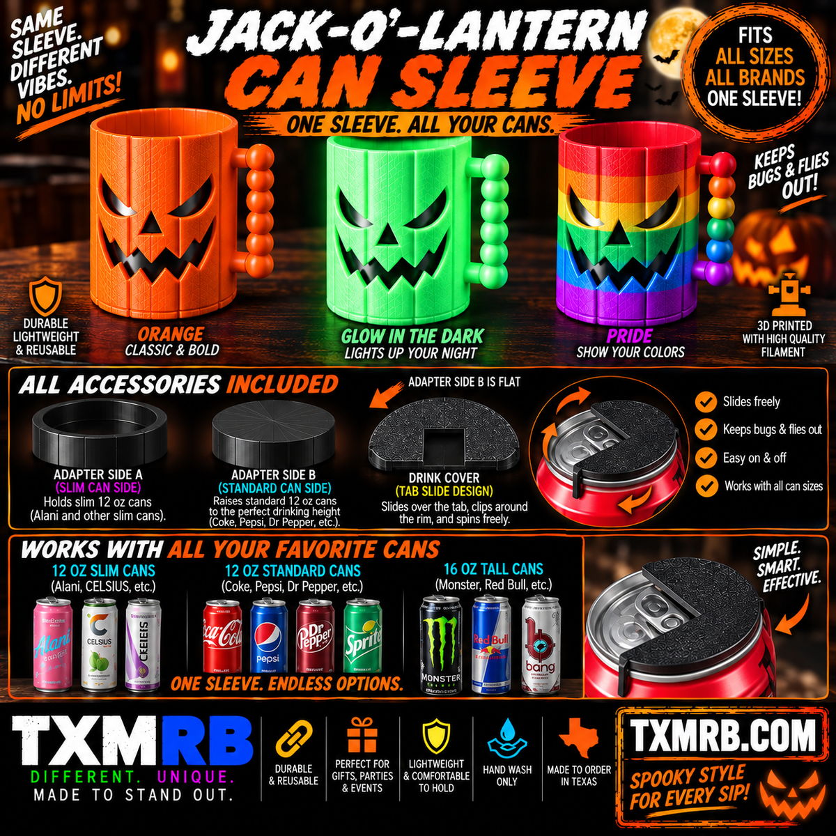 🎃 3D Printed Jack-O’-Lantern Can Sleeve Kit by Concept2Creation