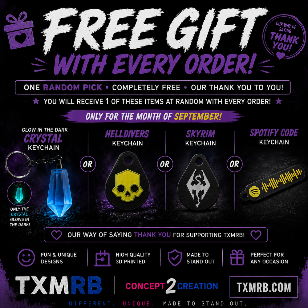 Promotional graphic for a free gift keychain order, featuring large text reading 'FREE GIFT WITH EVERY ORDER!' and showing four possible free items: a glow-in-the-dark crystal keychain, a Helldivers keychain, a Skyrim keychain, and a Spotify code keychain. The design includes logos and branding for TXMRB and Concept 2 Creation.