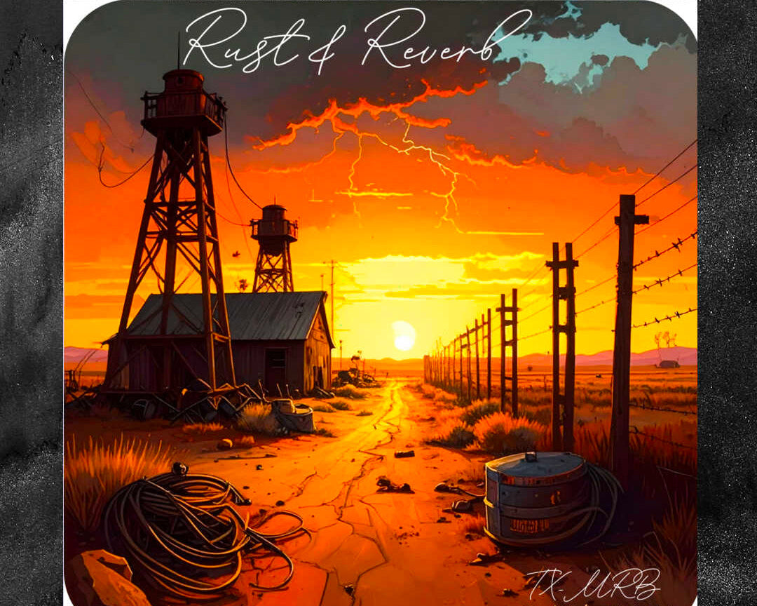 Coming soon promotional graphic for 'Rust & Reverie' by TK LRB, distributed by DISTROKID. The image features a central square illustration of a desert sunset scene with a water tower, a shack, and a cracked road.