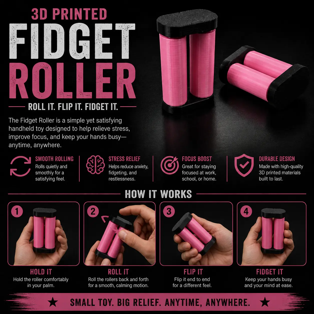 3D Printed Fidget Roller Sensory Tool for Focus and Stress Relief Compact Handheld Spinner Smooth Durable Spin by Concept2Creation