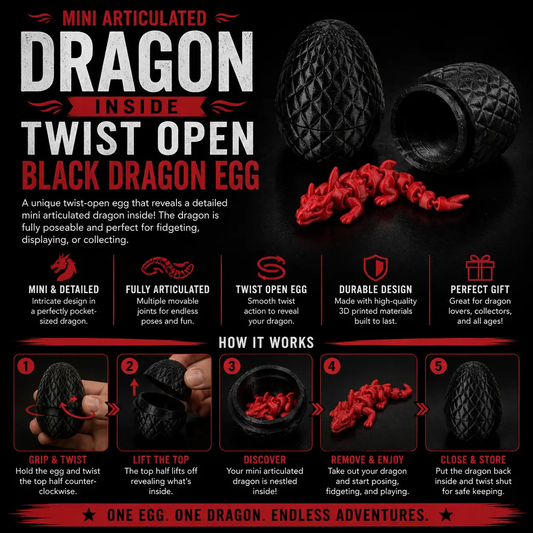 Mini Articulated Dragon Inside Twist Open Black Dragon Egg 3D Printed Fantasy Toy Fidget Desk Decor Gift by Concept2Creation