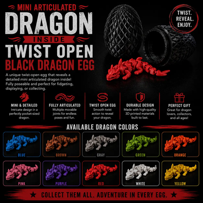 Mini Articulated Dragon Inside Twist Open Black Dragon Egg 3D Printed Fantasy Toy Fidget Desk Decor Gift by Concept2Creation
