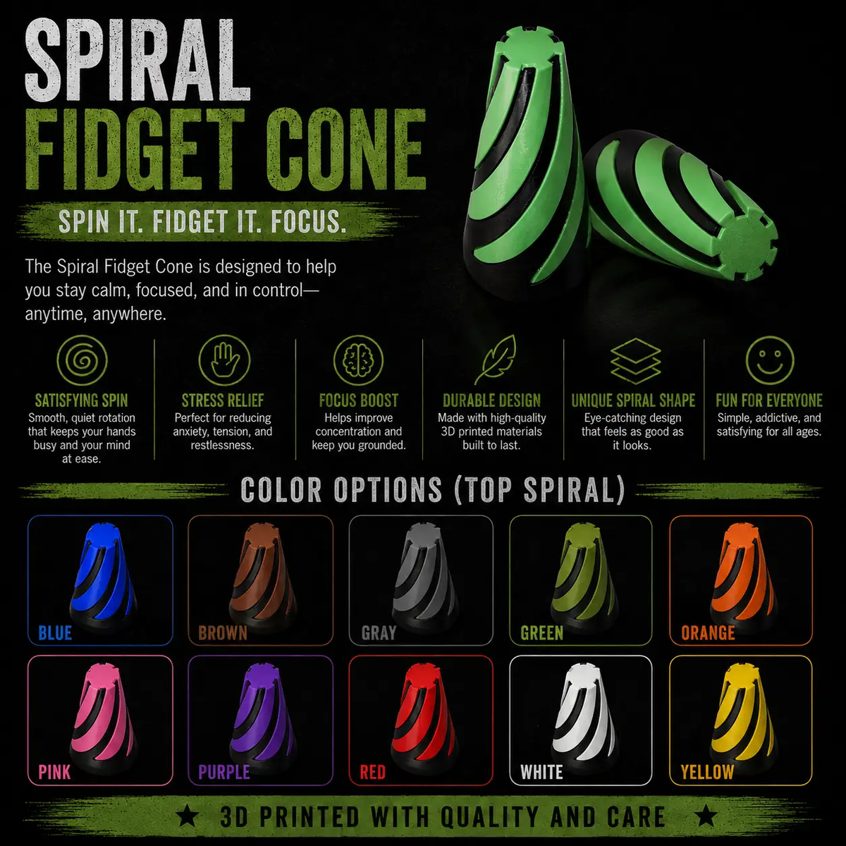 Spiral Fidget Cone FidgetPoint Stress Relief Toy For Focus And Productivity At Home School Or Work by Concept2Creation